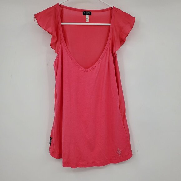 Armani Y2K Resort Coastal Chic Pink Ruffle Sleeve Scoop V Neck Top Shirt Small - Picture 2 of 10